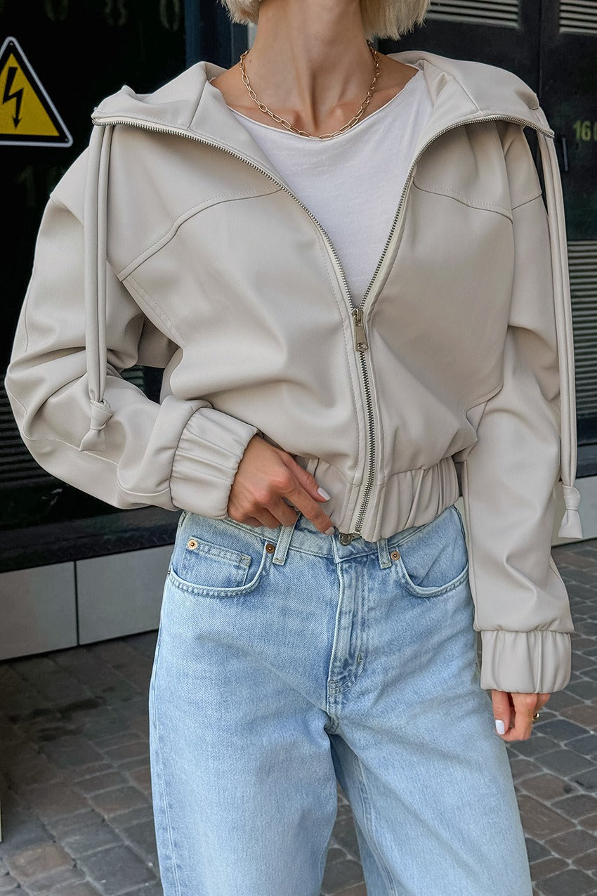Black Faux Leather Hooded Loose Streetwear Jacket