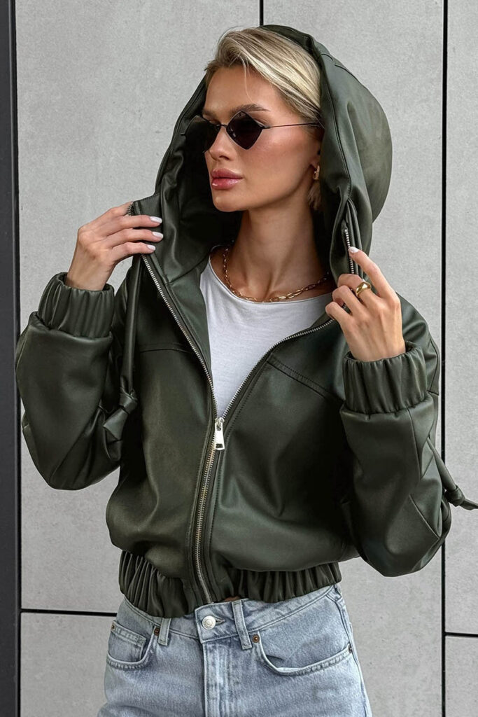 Black Faux Leather Hooded Loose Streetwear Jacket