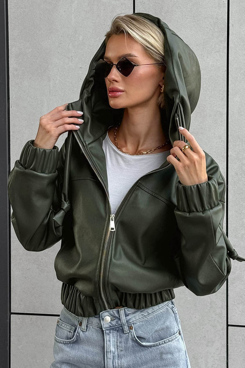 Black Faux Leather Hooded Loose Streetwear Jacket
