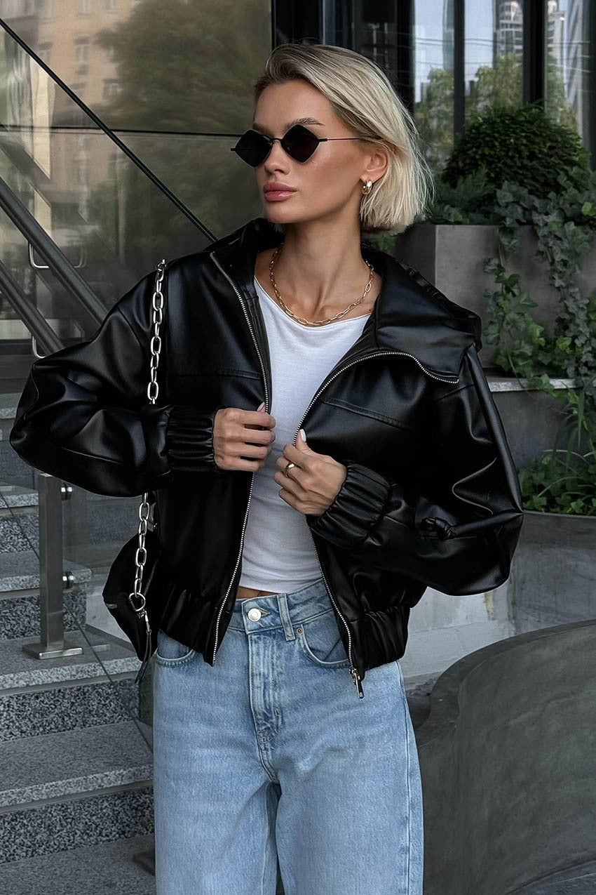Black Faux Leather Hooded Loose Streetwear Jacket
