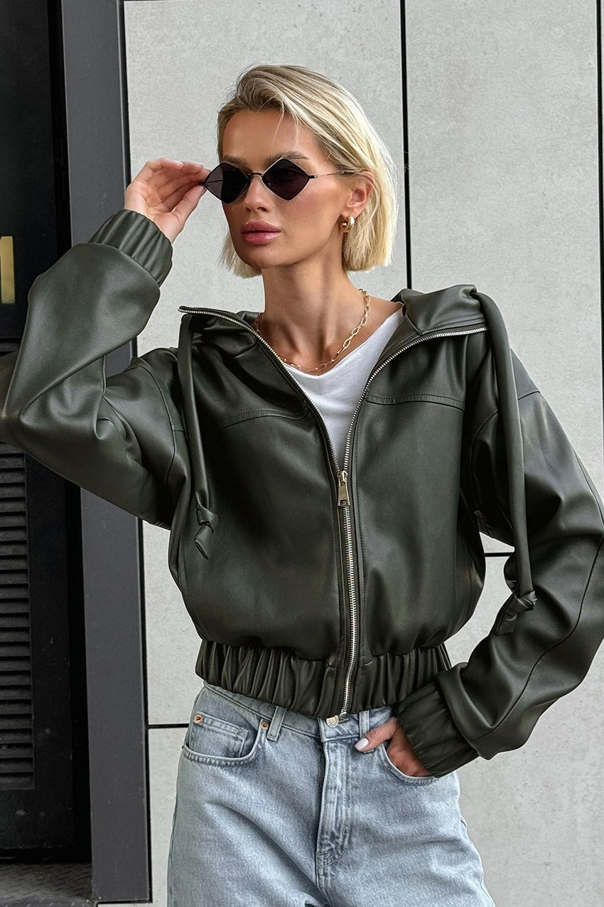 Black Faux Leather Hooded Loose Streetwear Jacket