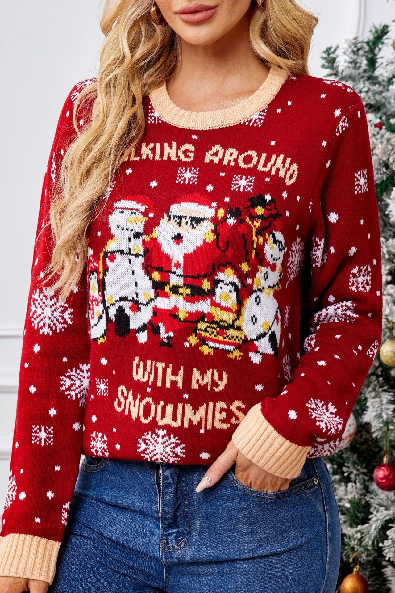 Cozy Color Block Santa Snowflake Polka Dot Sweater