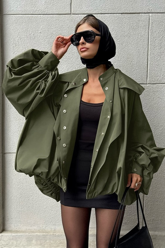 Retro Green Unique Oversized Slim Fake Two Piece Trench Jacket