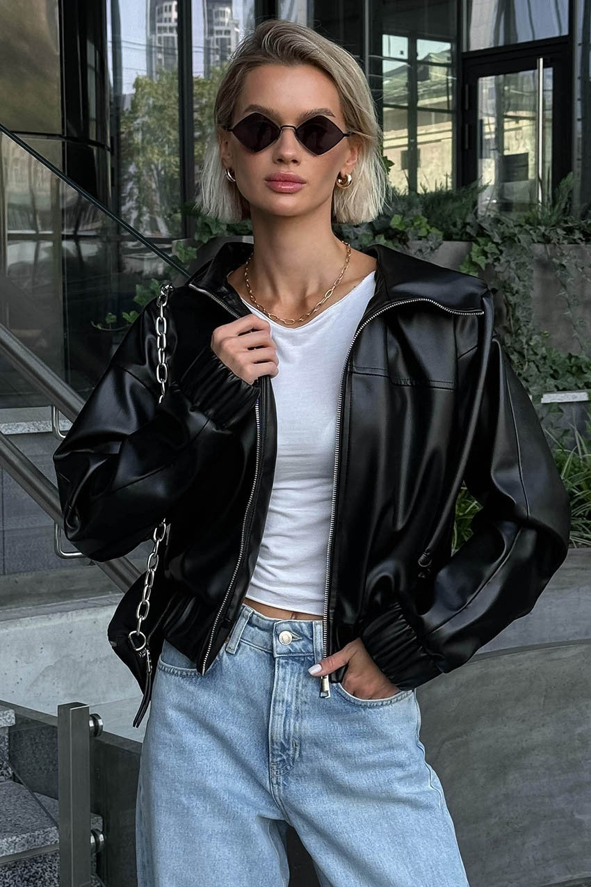 Black Faux Leather Hooded Loose Streetwear Jacket