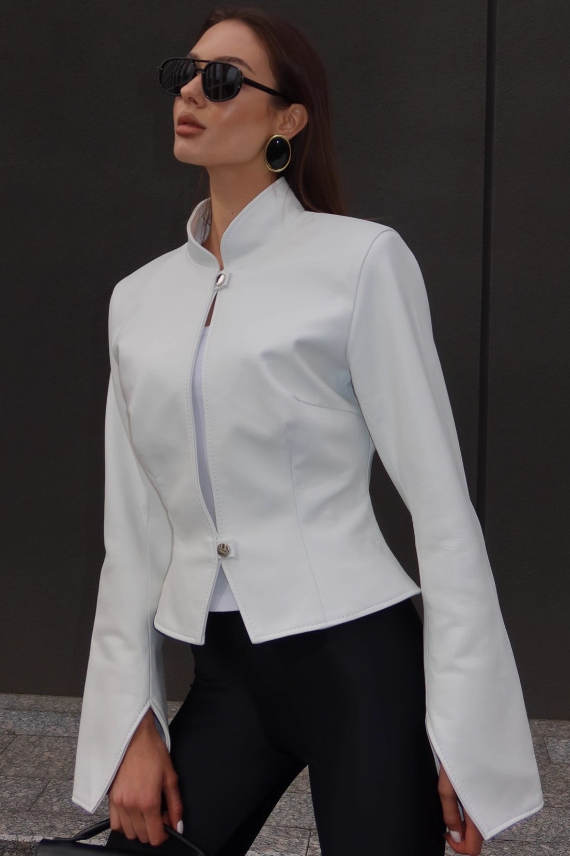 Stand Collar Fitted Leather Jacket